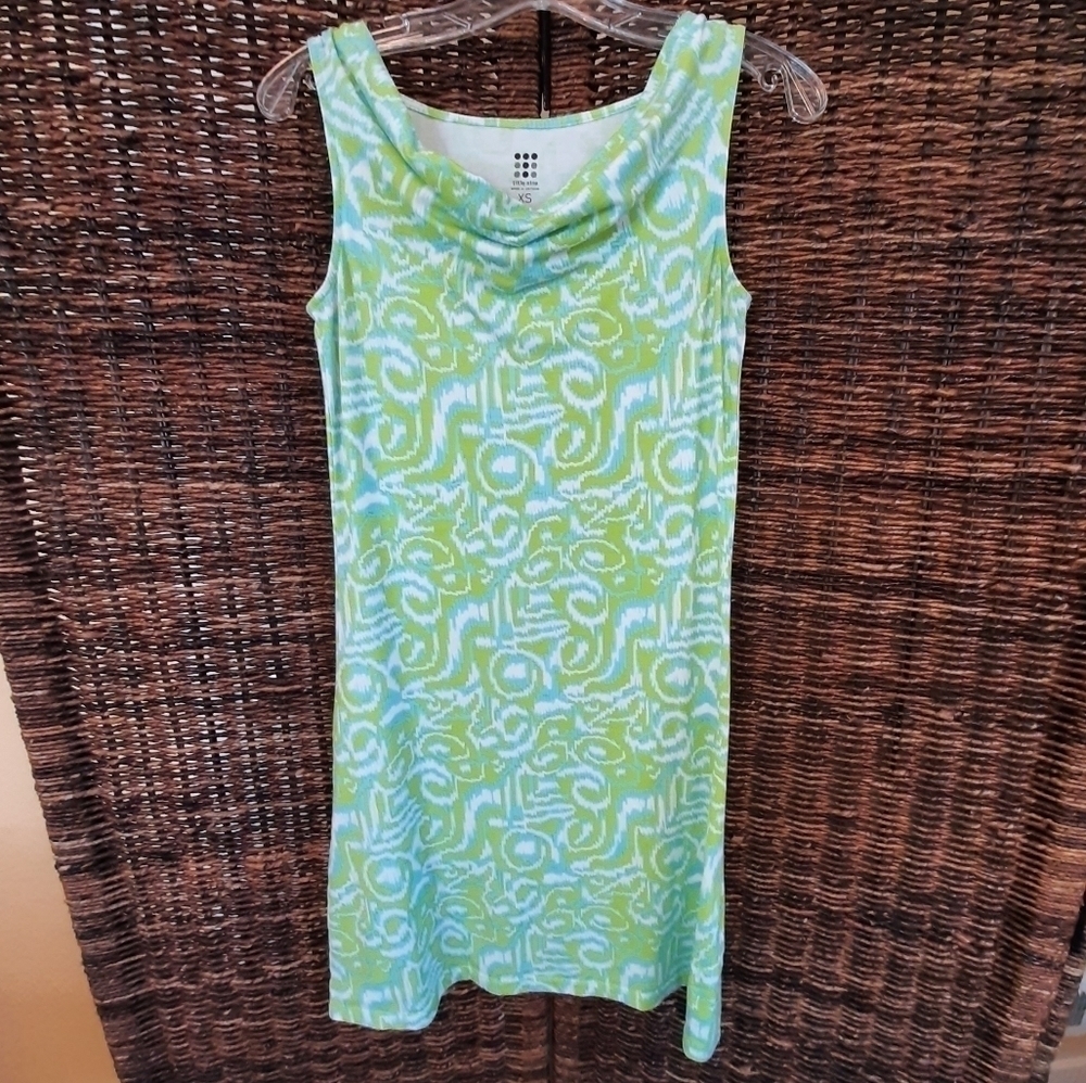 Title Nine Breeze Printed Cowl Neck Tank Mini Dress XS Athleisure Sundress Green
